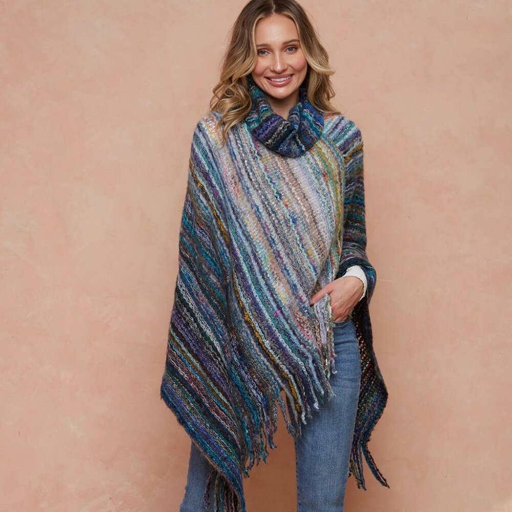 new ON BLUE PONCHO BOHEMIAN HIPPIE STEVIE KNICK western SHABBY CHIC TAN BLUE